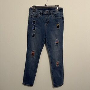Joseph Ribkoff Womens Straight Leg Blue Jeans Sz 10 Black Patches Rhinestones